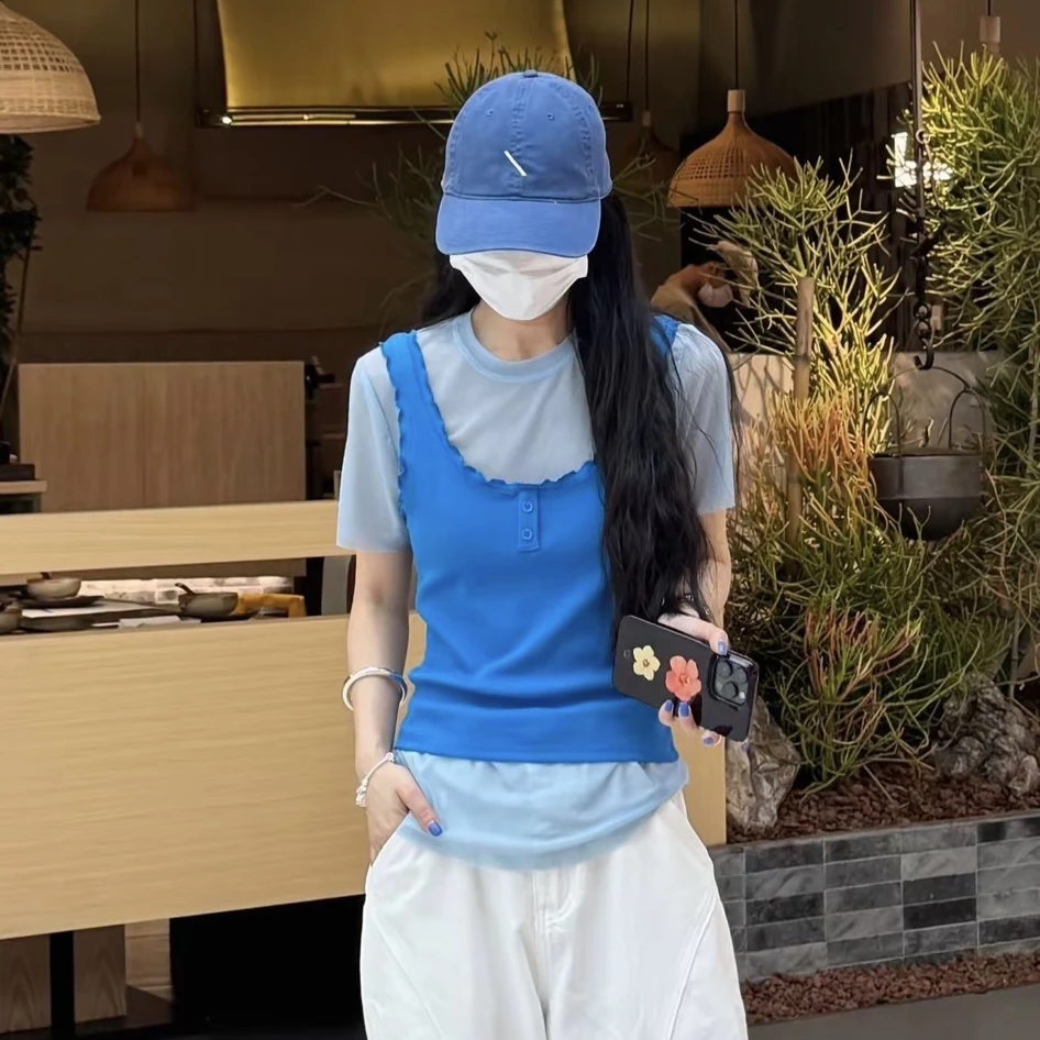 街头彩绘～韩系复古套装正肩透纱短袖T恤背心叠穿两件套