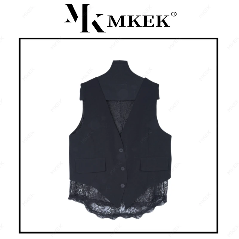 513春季新款时尚复古风蕾丝拼接不规则下摆设计师款女马甲潮流