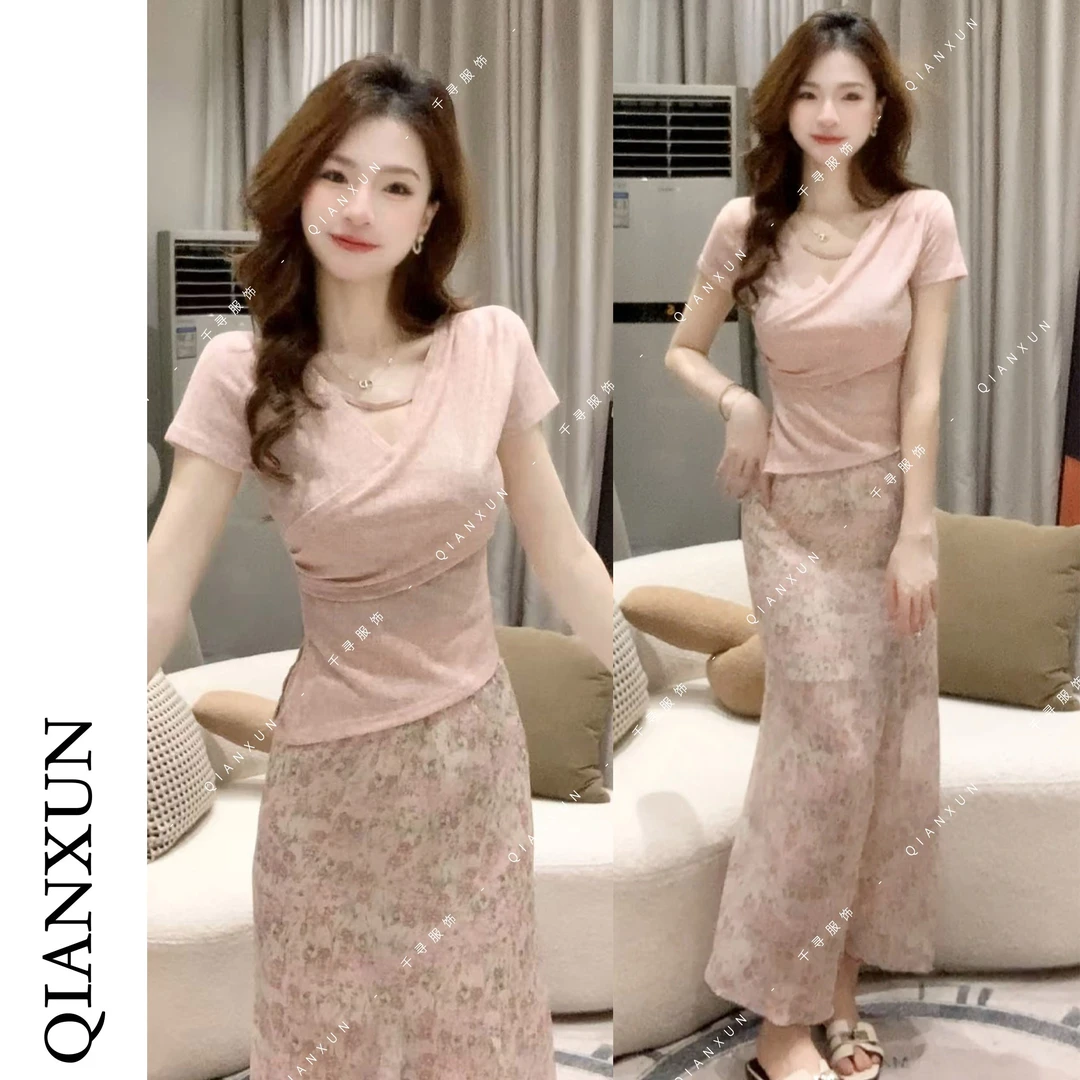 千寻家 蜜桃粉交叉V领短袖纯欲高级感女新款上衣女