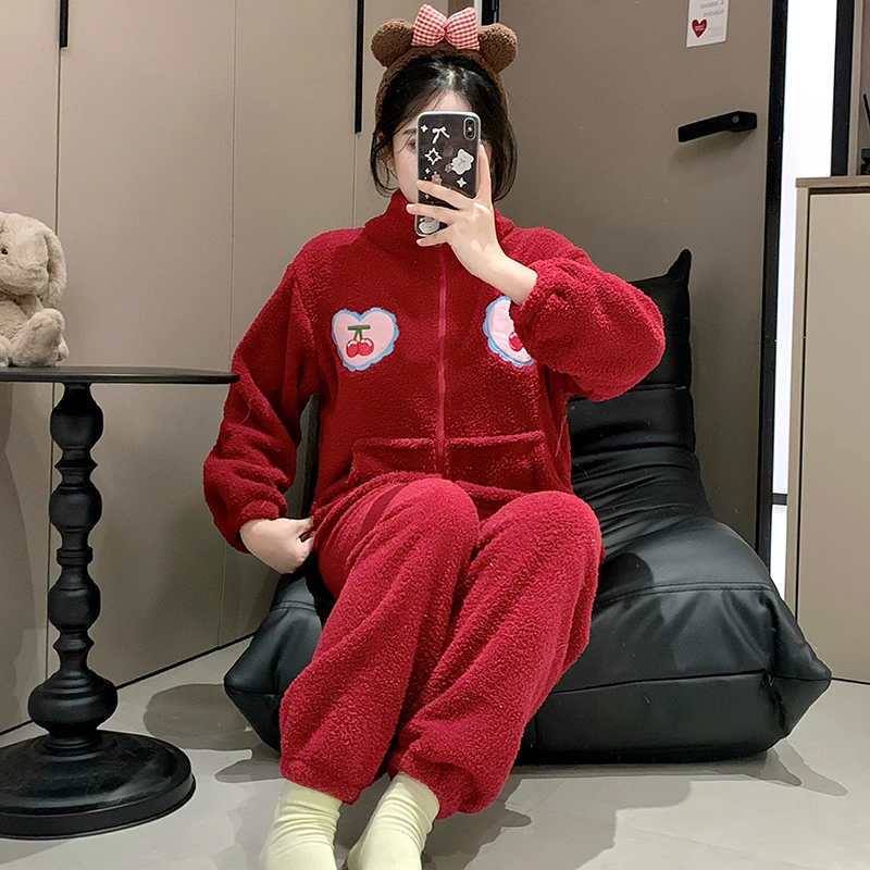 大码睡衣秋冬季女加绒加厚保暖珊瑚绒大码两件套装拉链休闲家居服