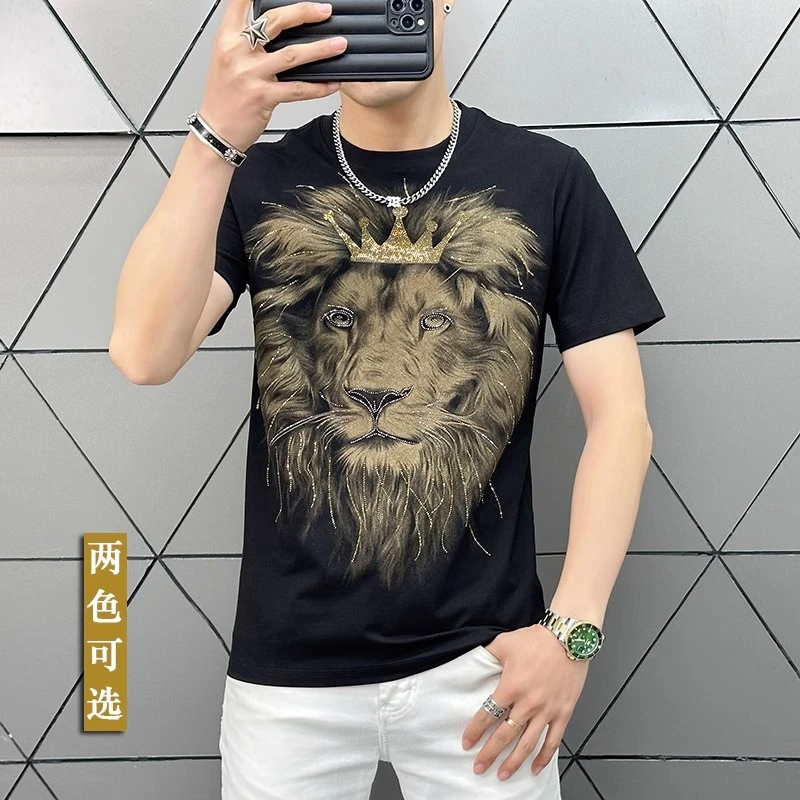 JJ欧洲站夏季轻奢男装短袖男士新款高端狮子印花烫钻圆领半袖T恤