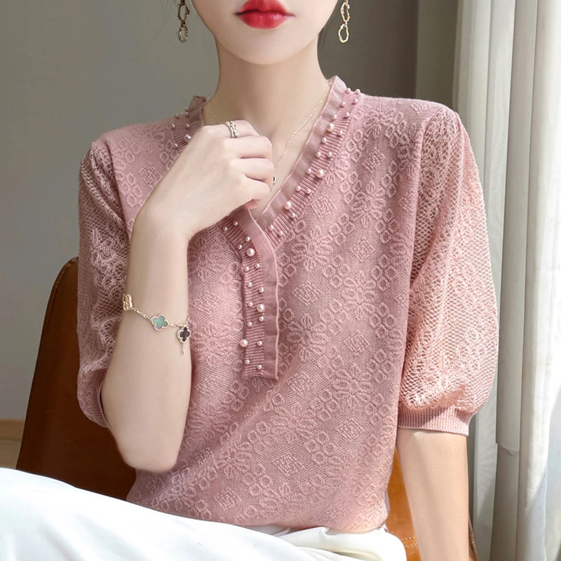 V领蕾丝钉珠短袖t恤女夏2025新款打底衫洋气大码女装冰丝针织上衣