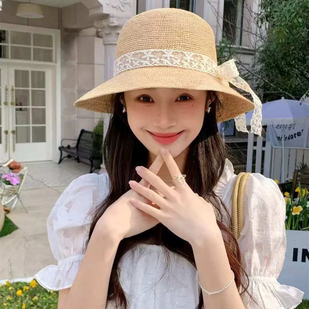 渔夫帽女款旅游拍雪景帽子夏季编织沙滩帽蕾丝草帽