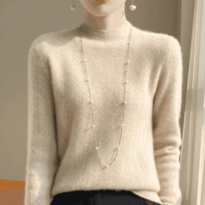 重工镂空100%羊毛衫全身柳叶提花花边领气质毛衣(下单送洗护液)