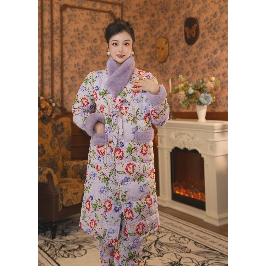 【紫藤花】【亭子】冬季保暖宽松时尚加厚女士女款秋冬家居服套装