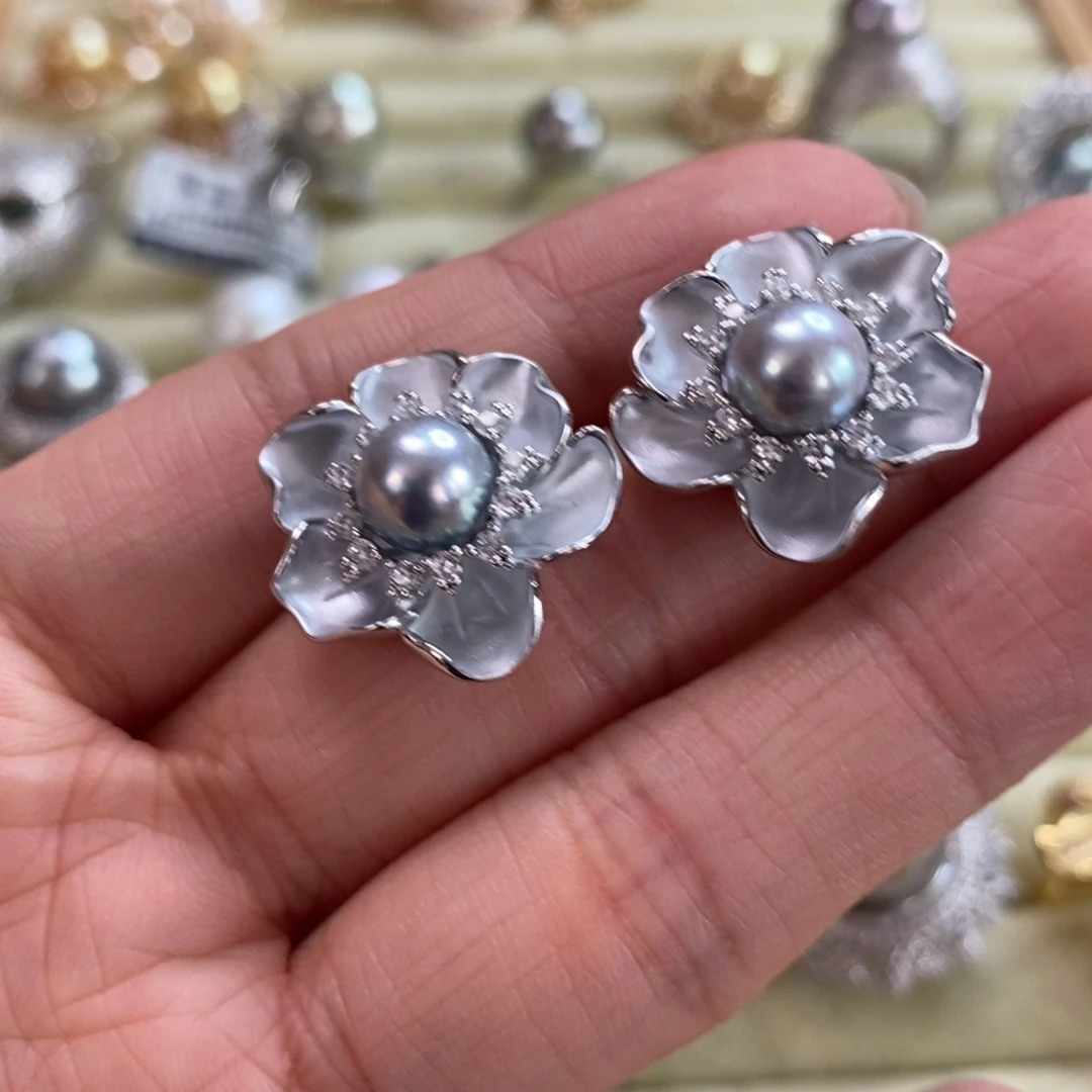 银S925镶嵌海水珍珠耳饰