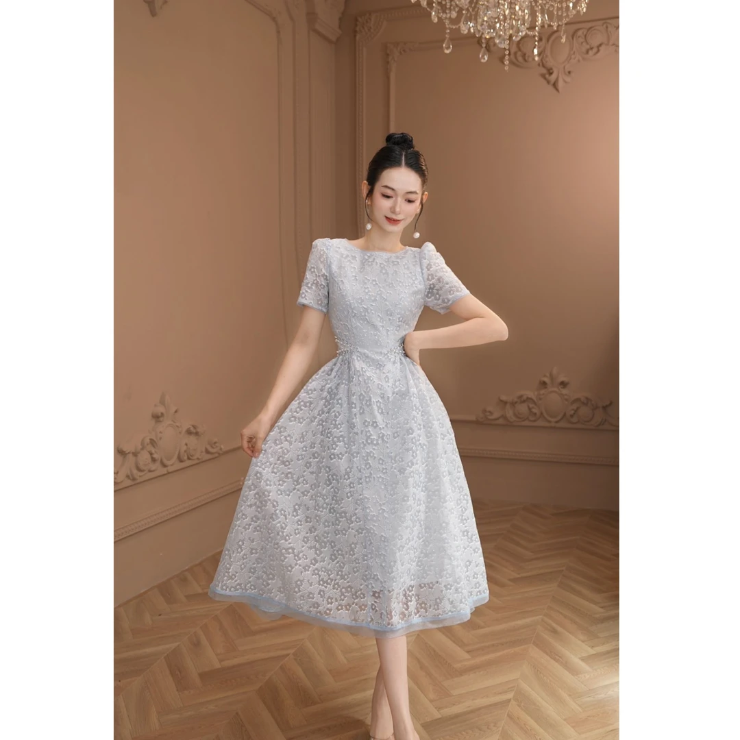 新款法式优雅时尚高级感亮片镶珠重工夏季收腰显瘦连衣裙45156