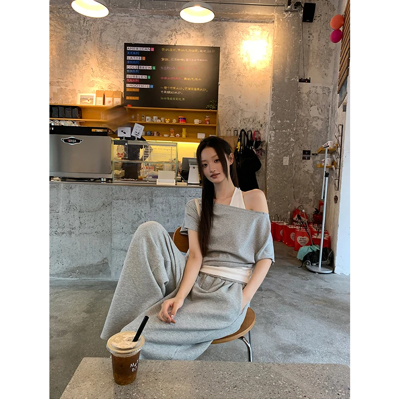 【舒适圈】夏季美式复古斜肩显瘦修身拼接撞色假两件T恤12747