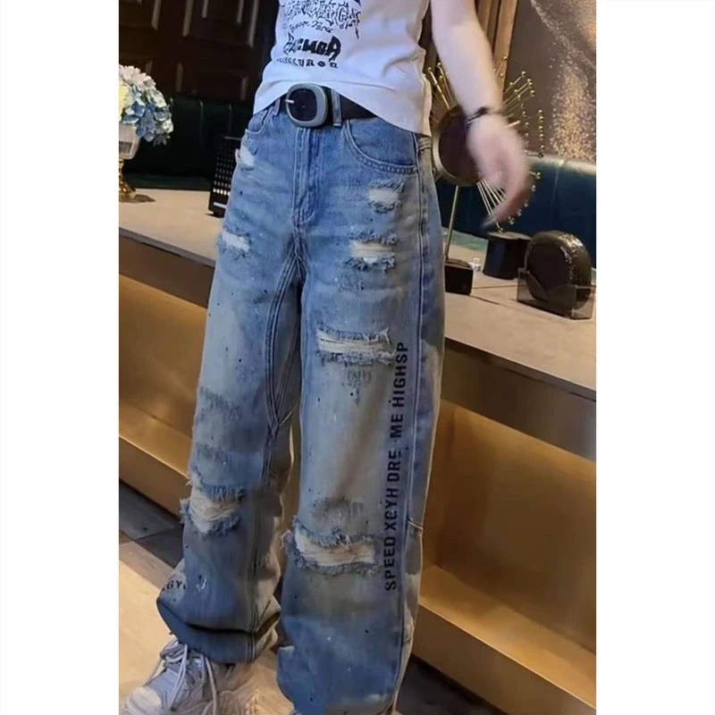 艾塔莉破洞牛仔裤子女春夏新款复古宽松直筒裤大码高腰窄版阔腿裤