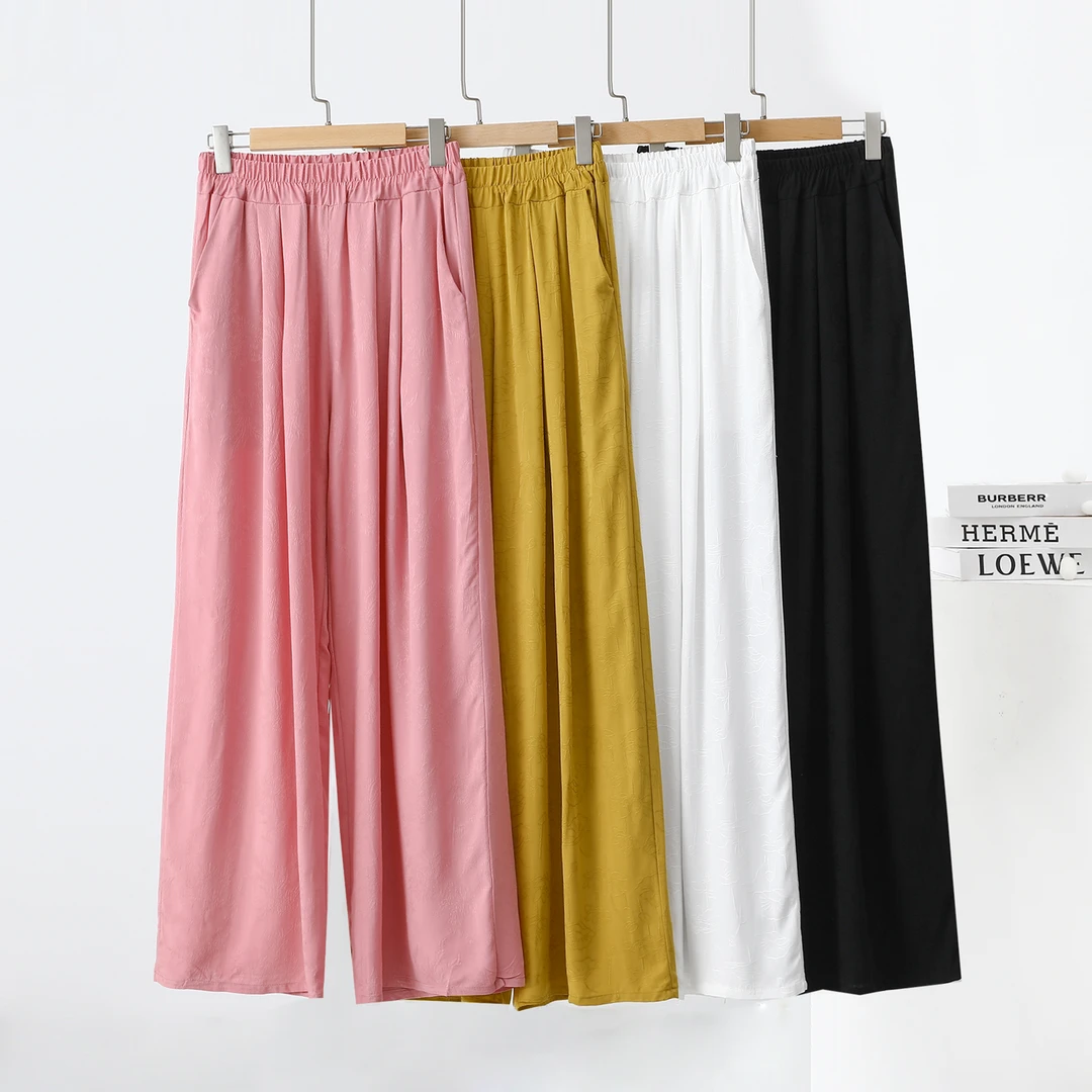 棉绸印花高腰阔腿裤女夏季薄款百褶凉爽舒适