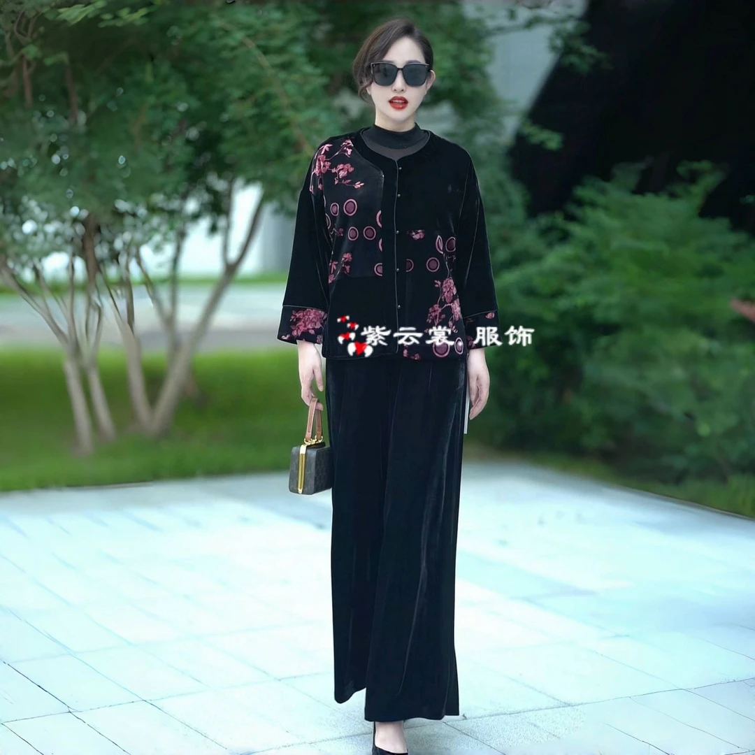 秋季新款原创大码气质妈妈装丝绒宽松新中式外套上衣减龄洋气套装