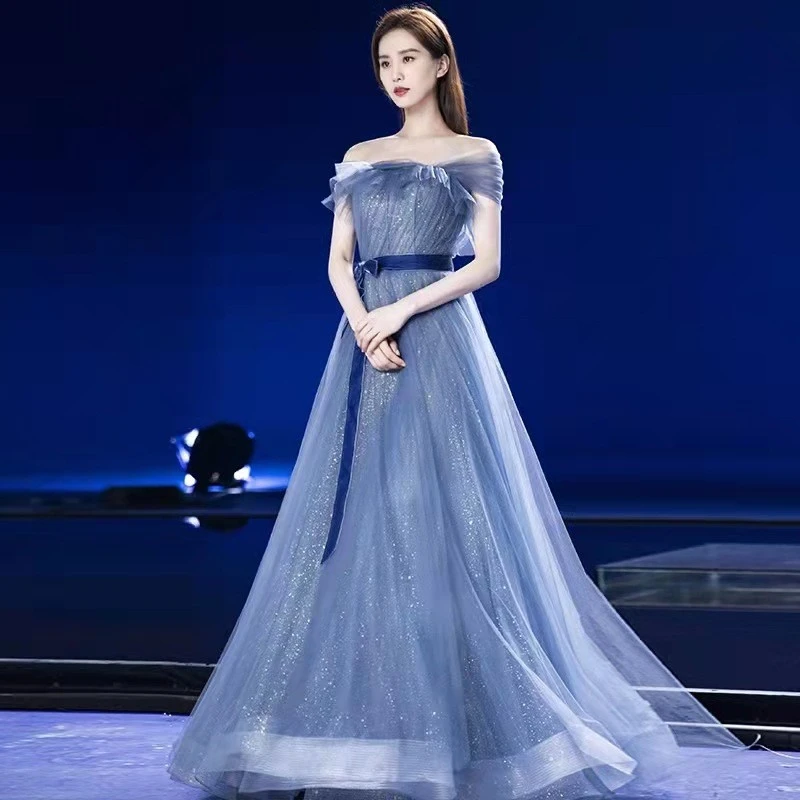 一字肩蓝色修身晚礼服生日宴会主持人年会新娘敬酒服订婚礼服长款
