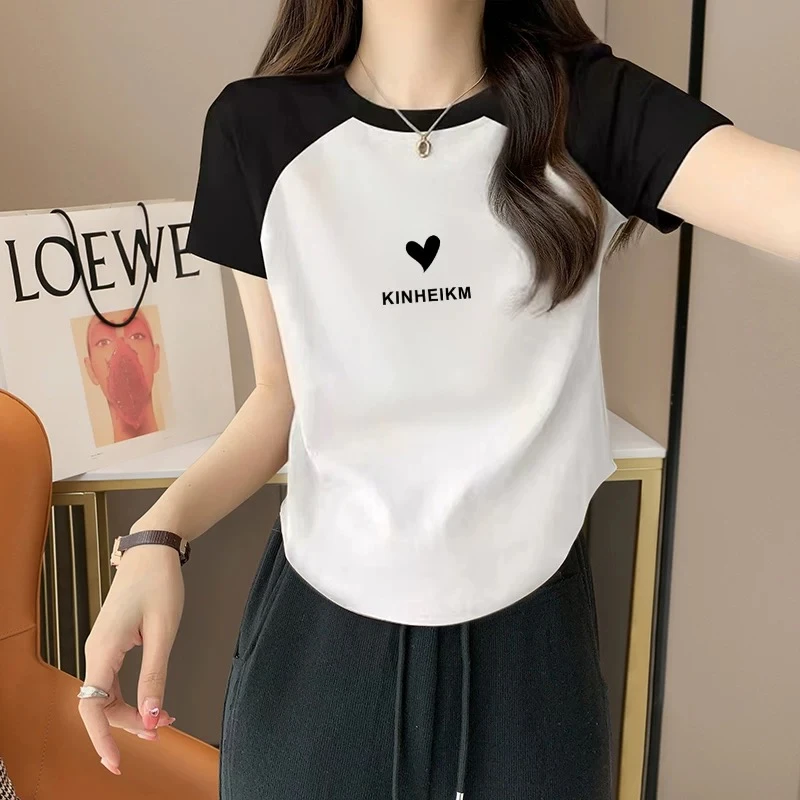 2638#撞色插肩短袖白色T恤女夏装显瘦半袖打底衫潮不规则下摆上衣