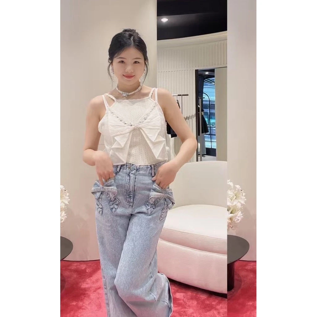LIULIU（浪漫少女）奶白色针织拼接钉珠蝴蝶结修身吊带25夏 764