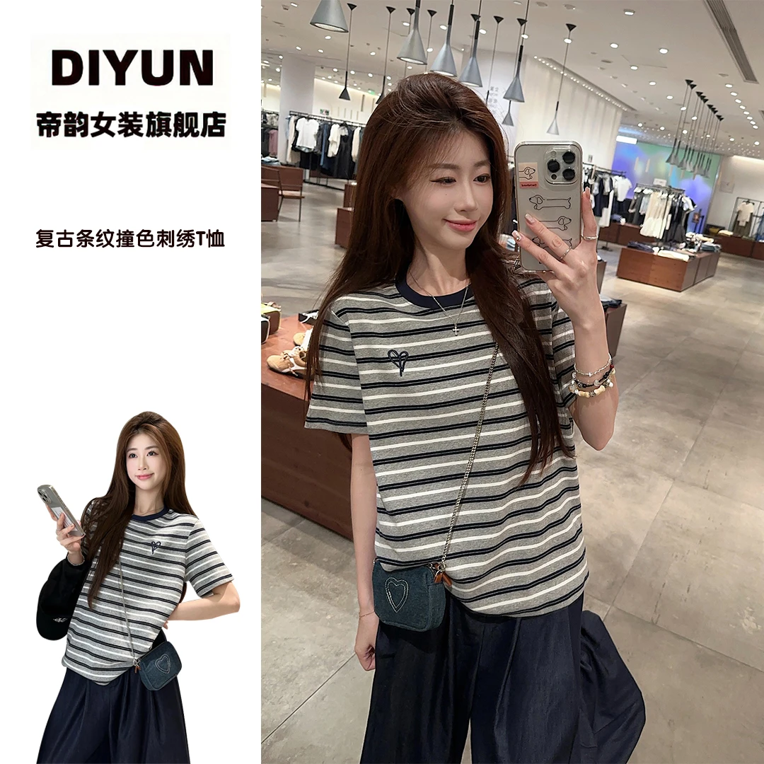 【帝韵】新款爱心刺绣短袖t恤女夏季撞色条纹短款圆领韩版休闲上衣