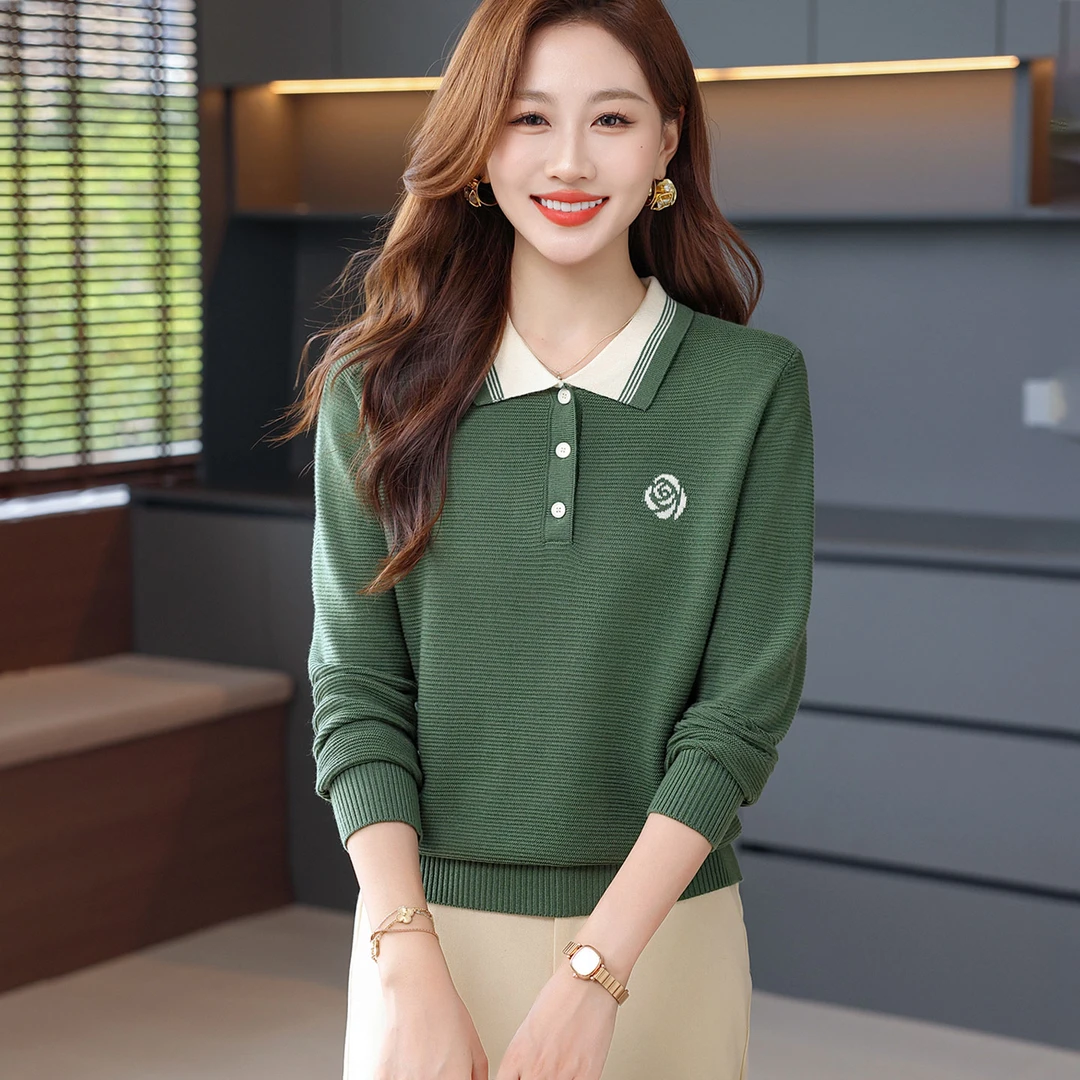 秋季新款翻领长袖羊毛针织衫女拼色提花短款时尚减龄毛衣打底上衣