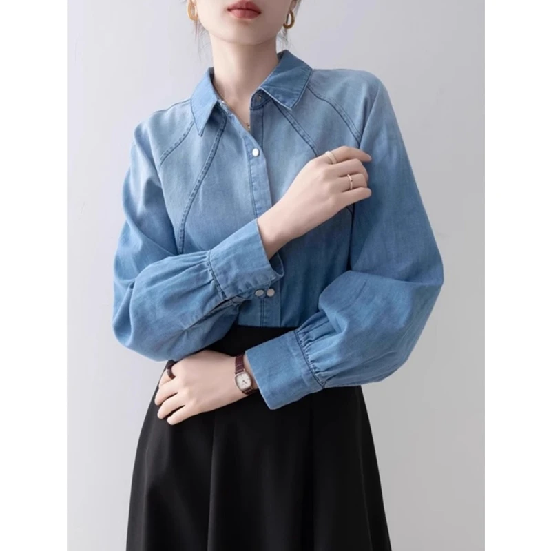 蓝色polo领牛仔衬衫2025秋季女装法式设计感衬衣早秋新款长袖上衣