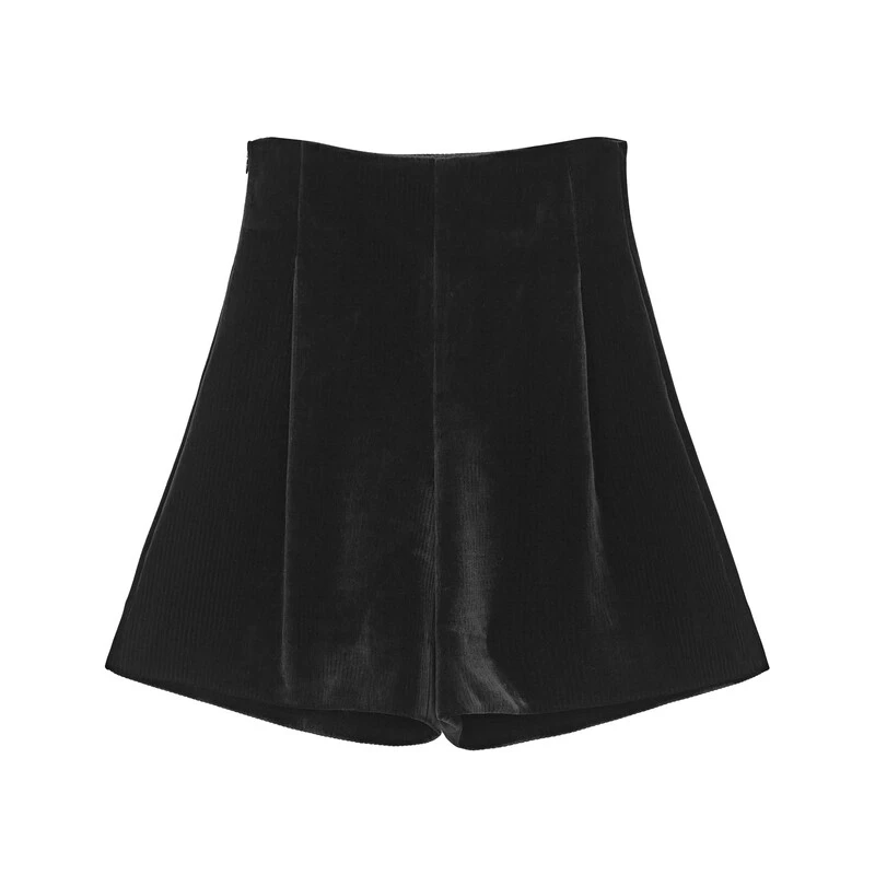 sdeer圣迪奥女装时尚气质复古高腰压褶灯芯绒A字短裤S23480902