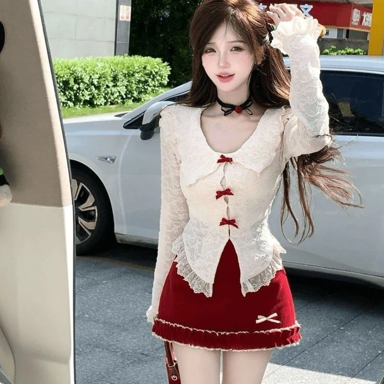 纯欲风显高显瘦蝴蝶结蕾丝衫长袖上衣内搭吊带高腰显瘦半身裙套装