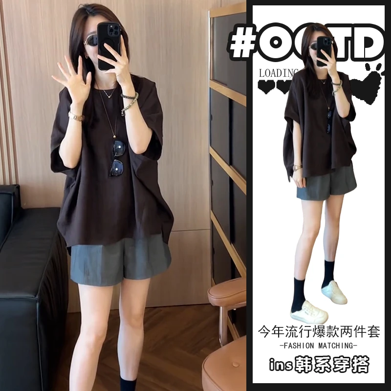 韩版时尚套装简约风设计感蝙蝠袖短袖T恤女宽松休闲短裤两件套装