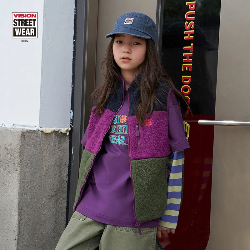 VISION KIDS 童装复古休闲拼色男女儿童马甲仿羊羔绒秋季 25新