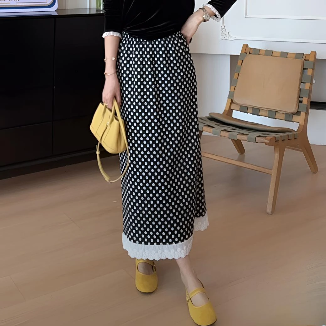 【YHH】春季韩版气质休闲复古时尚百搭花朵波点半身长裙-YHQ50005