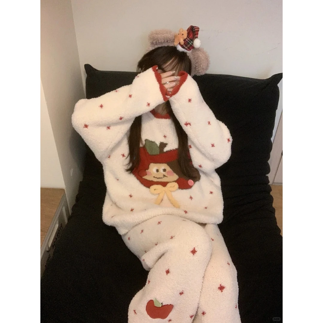 圣诞风红苹果针织半边绒睡衣女款秋冬季新款保暖家居服套装可外穿