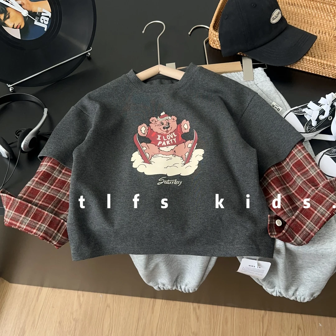 童例「25118红格小熊假两件长T恤」春季休闲亲肤男童女童百搭长袖潮