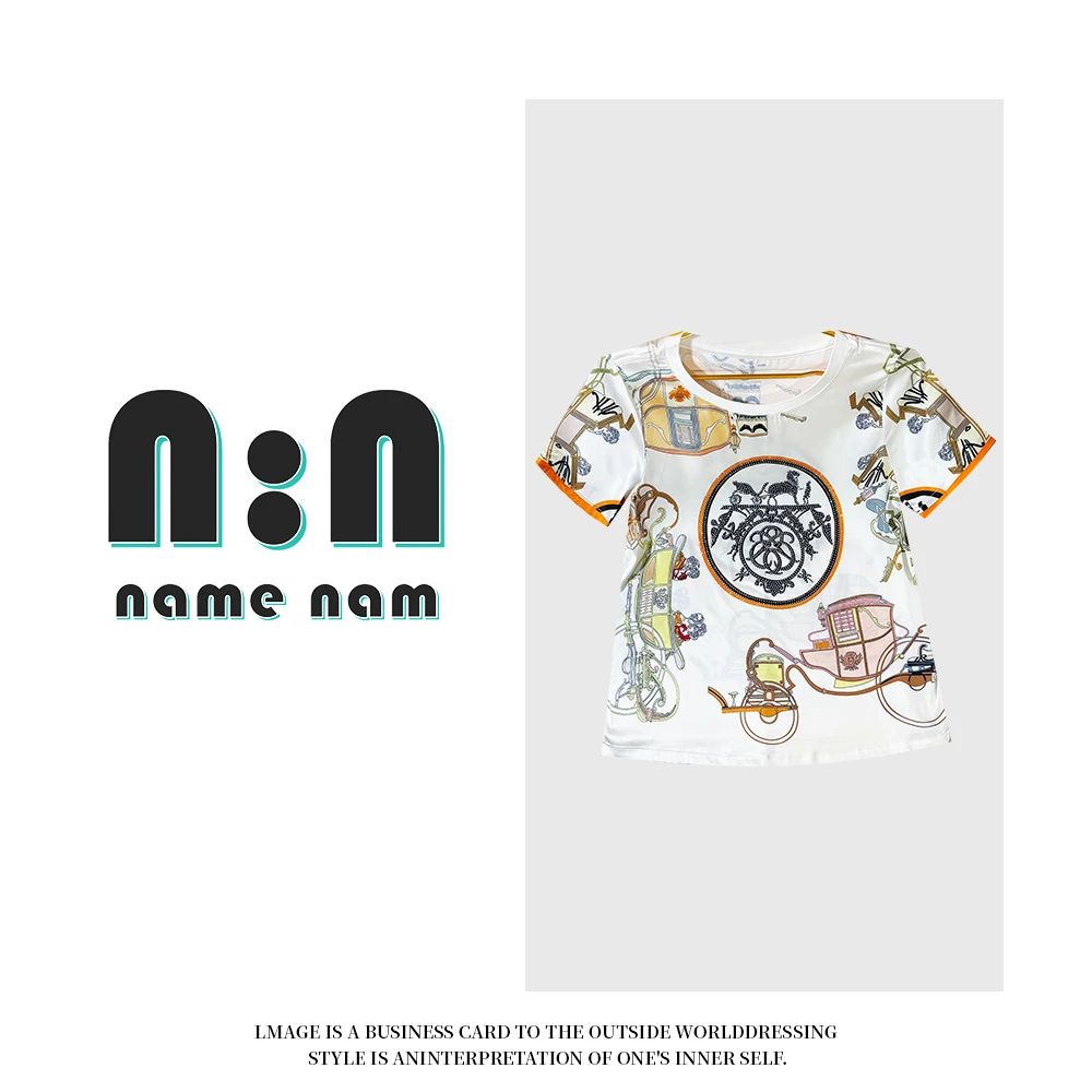 【楠姐奢品】‘英伦马车‘烫钻印花桑蚕丝上衣 欧美欧货大牌T恤女夏