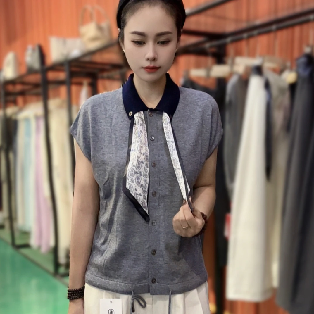 新款针织拼色常规衬衫无袖百搭上衣