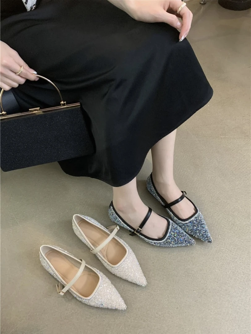 189-59 春秋新款一字带仙女风彩色满钻尖头平底浅口鞋F