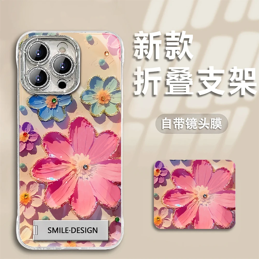 适用于【苹果】14ProMax爆款油画花创意时尚羽纱无边框手机壳