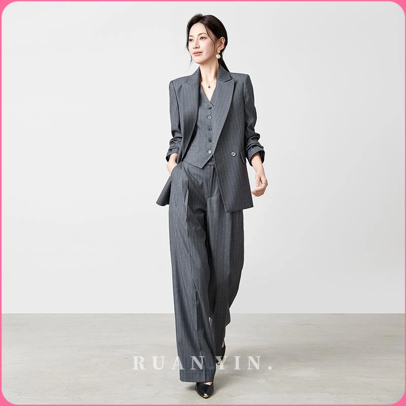 RUAN YIN老钱风松弛感条纹西装套装高智感西服马甲阔腿裤三件套女
