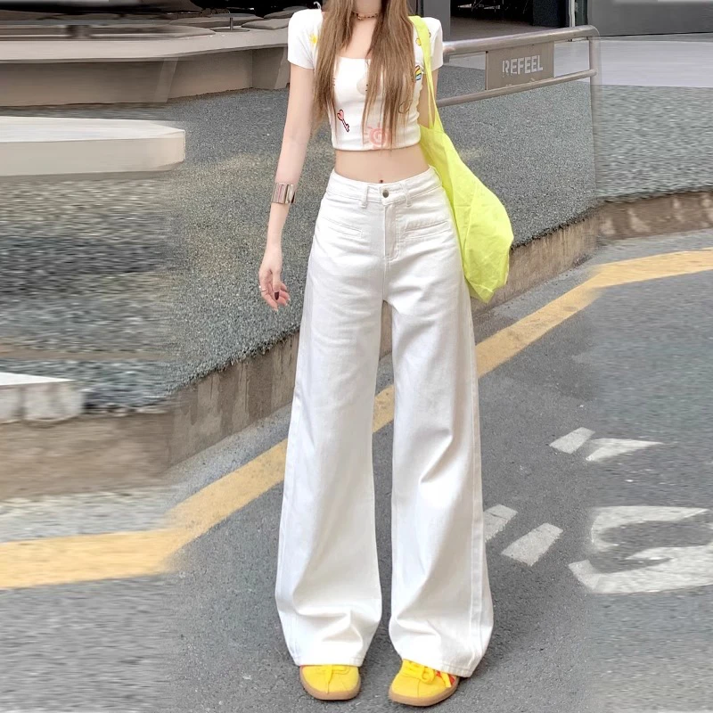 Yecuo白色阔腿牛仔裤女2025秋季新款高腰显瘦宽松直筒拖地裤子女
