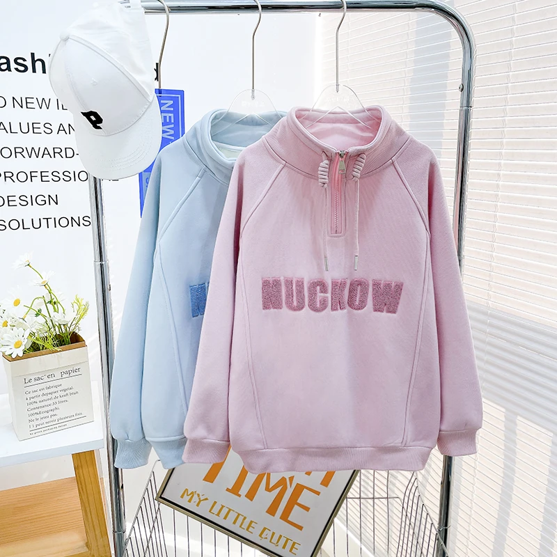 冬季新款女大童立领卫衣加绒加厚百搭宽松上衣保暖zb5181简约童品