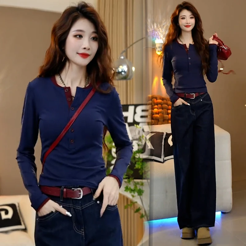 气质假两件拼色半排扣长袖T恤女2025年春秋时尚洋气显瘦上衣潮