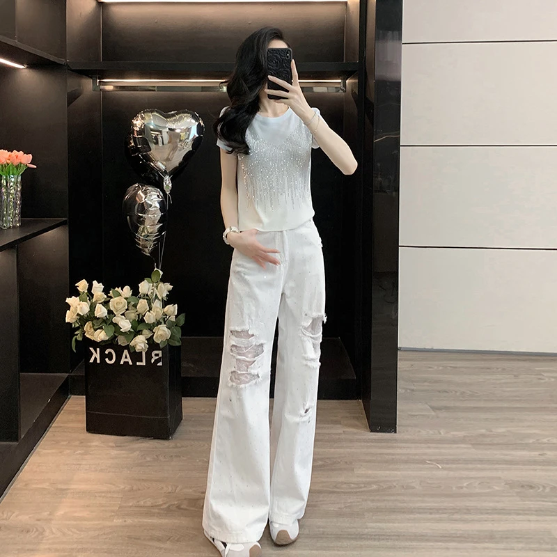 夏日穿搭一整套韩系减龄烫钻短袖恤破洞白色牛仔裤两件套装