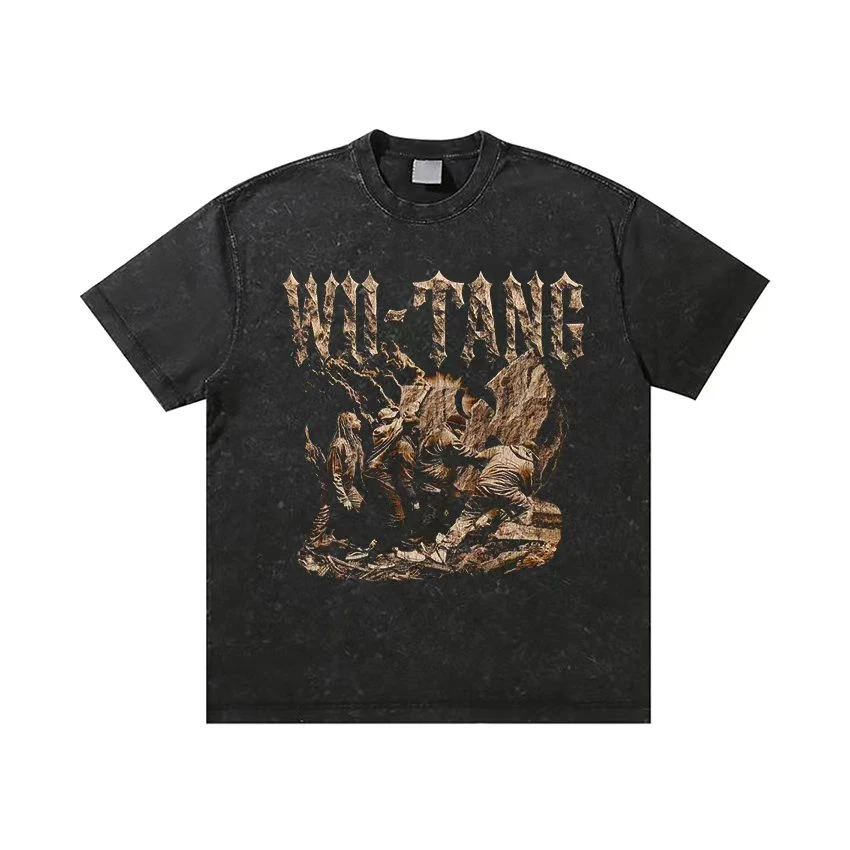 美式高街复古图案印花重磅短袖小领口宽松简约休闲透气T恤