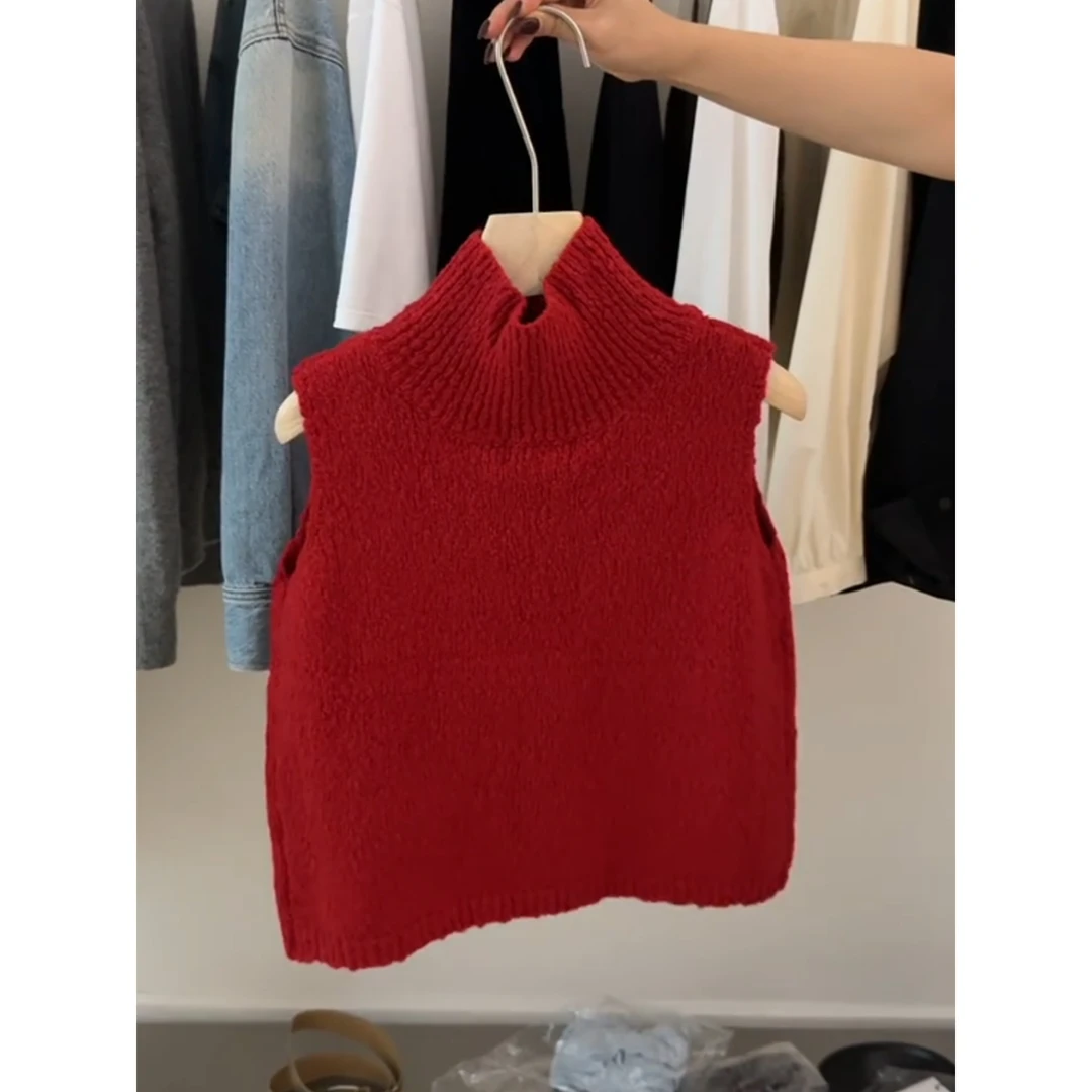 我也不想一直被夸，好美！红色高领针织马甲女背心百搭坎肩毛衣上衣