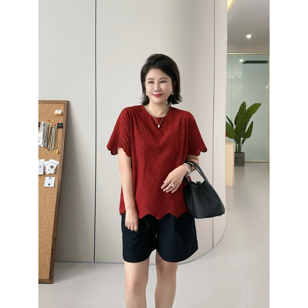 微胖女装【半夏清冷】蕾丝提花镂空棉上衣夏季时髦显瘦短袖T恤20762