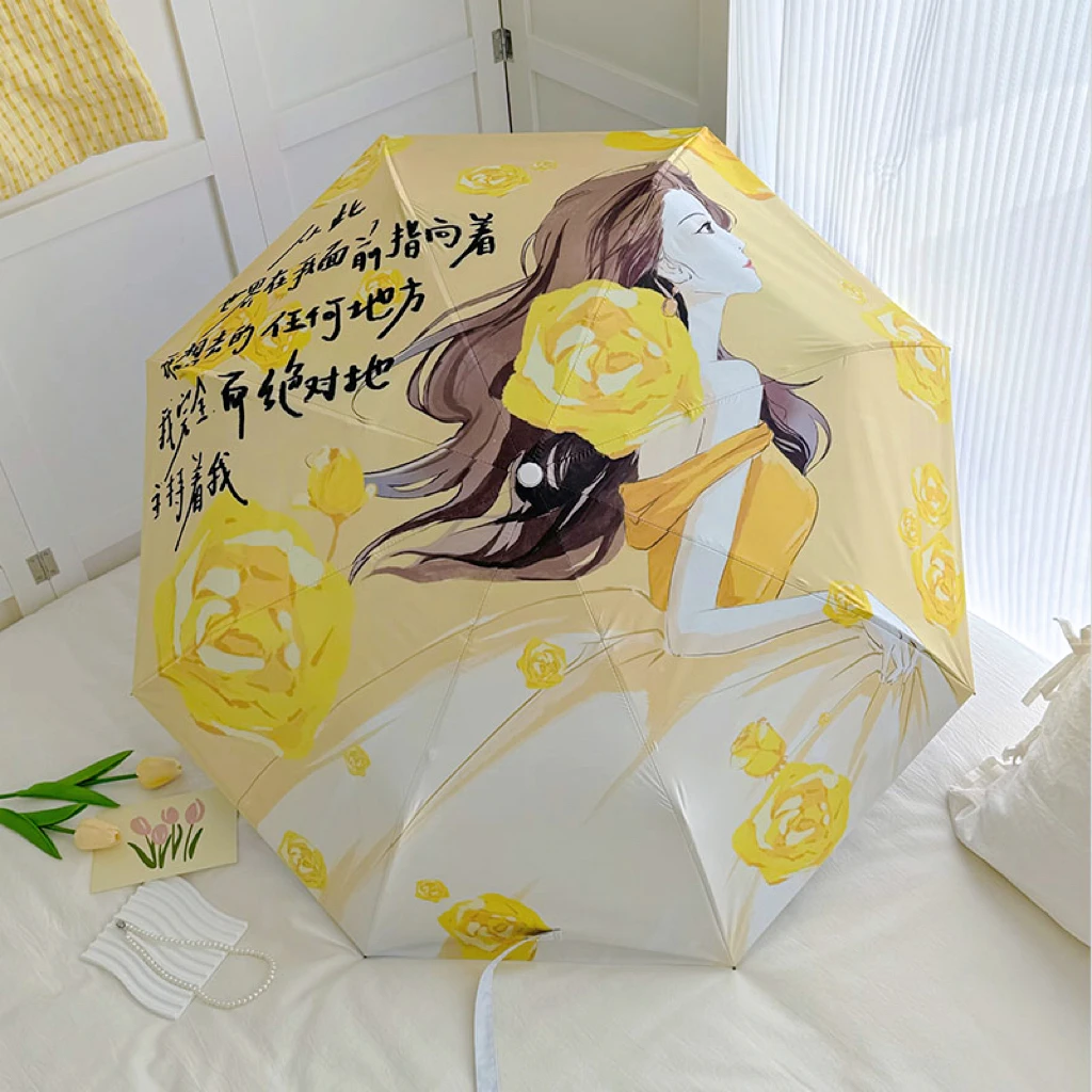 原创玫瑰雨伞晴雨两用三折8骨防晒遮雨卡通伞出行必备便携伞