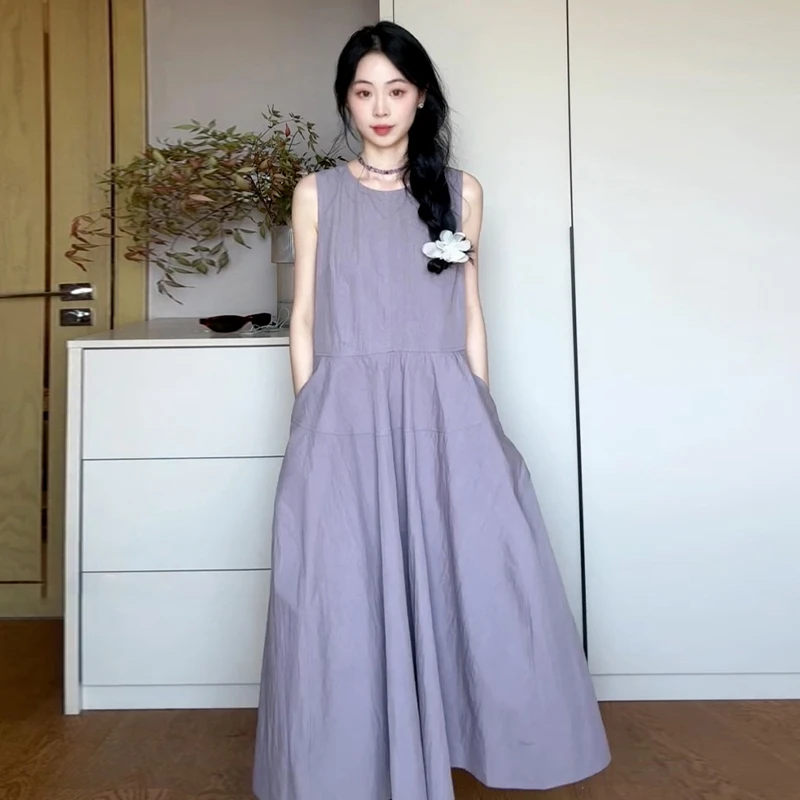 紫色无袖背心连衣裙女夏2025新款小个子法式气质绝美海边度假长裙