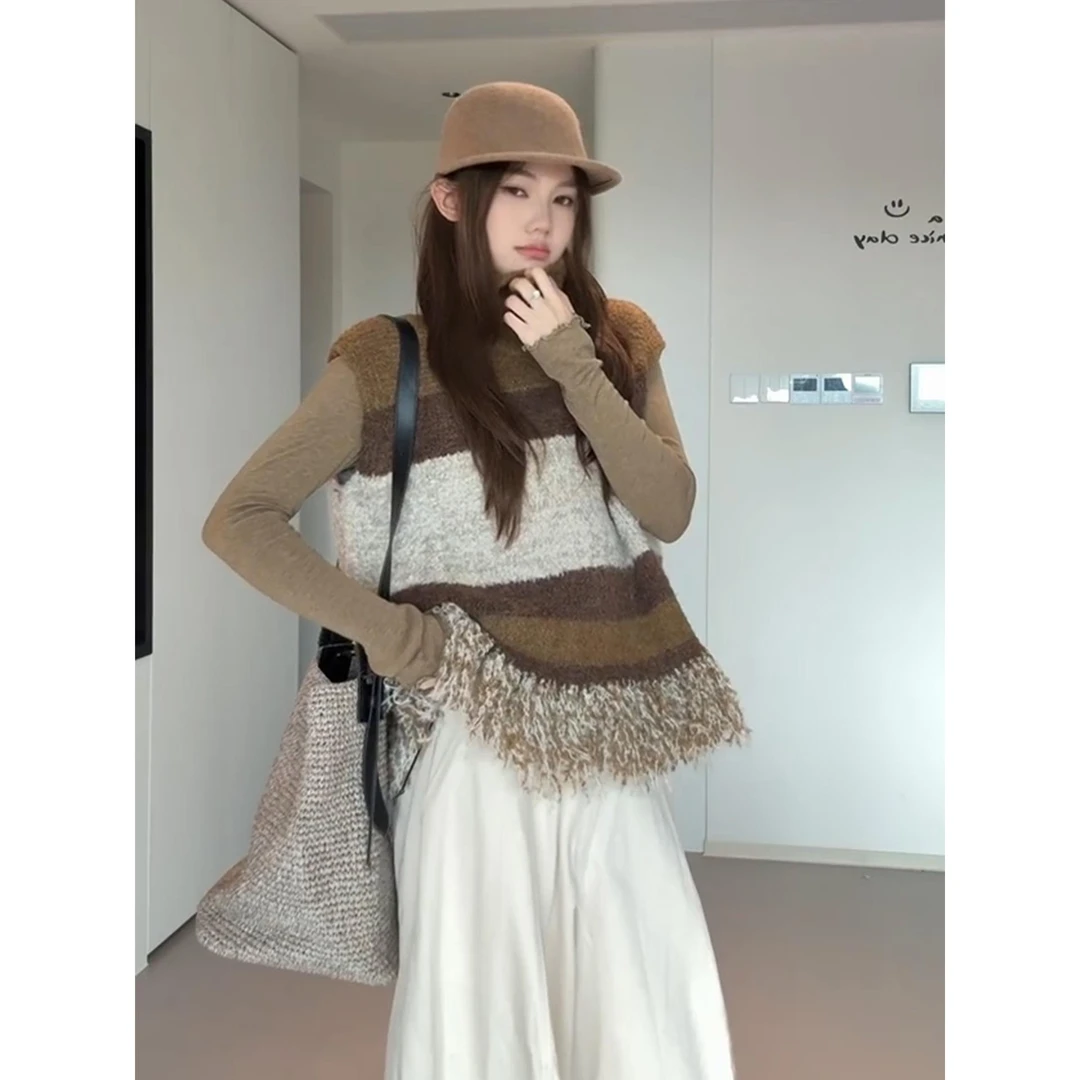 复古撞色流苏无袖马甲女秋季巨好看轻熟软糯慵懒风叠穿针织衫背心
