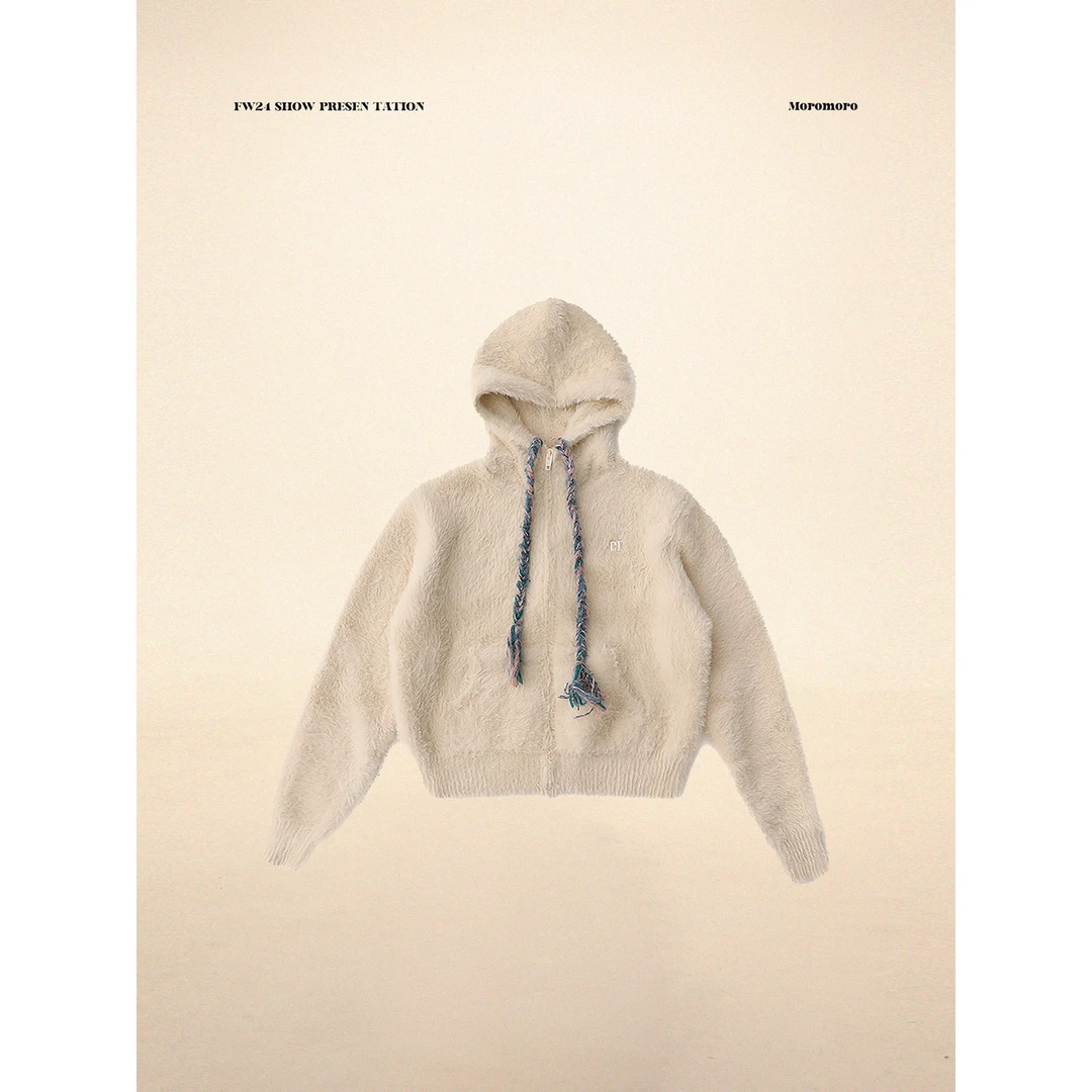 Moromoro花纱麻花辫米色仿貂毛连帽毛衣针织开衫慵懒风外套上衣女