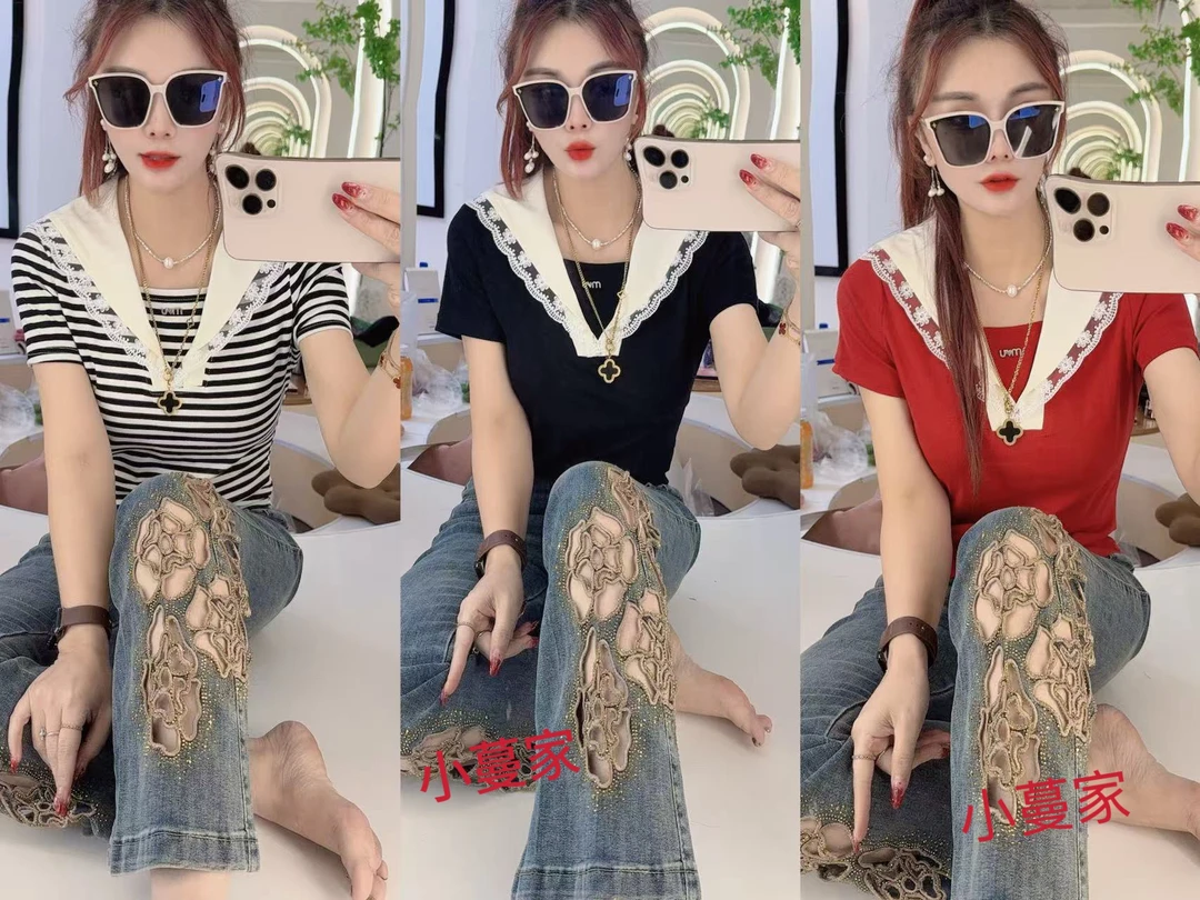 新款假两件海军领拼接蕾丝显瘦百搭上衣505