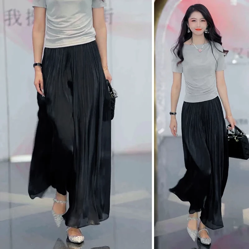 拉夏贝尔休闲褶皱气质纯色直筒裤2025新款裙裤夏季高腰薄款阔腿裤