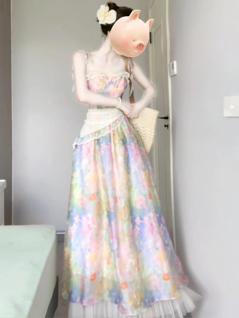绝美吊带裙连衣裙女夏季超好看法式海边沙滩度假风晕染碎花长裙子
