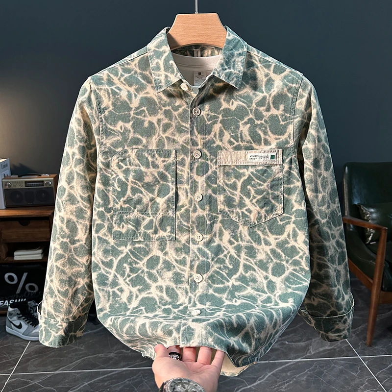 路约威格轻奢潮流印花长袖衬衫男士秋季时尚清新百搭休闲宽松外套