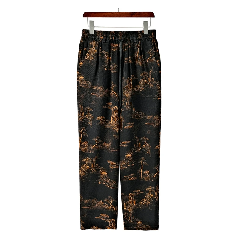 88323 男士双面长裤桑蚕丝提花缎红云纱夏季中国风休闲裤