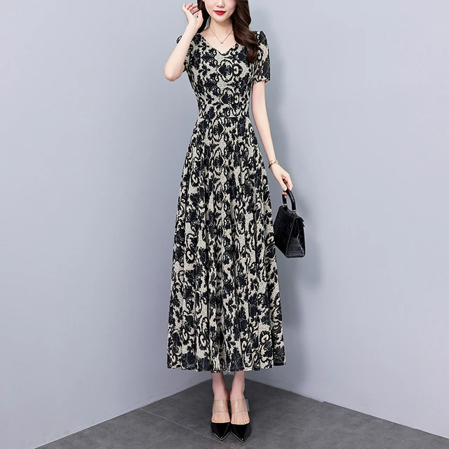 洋气质雪纺碎花大码胖mm收腰显瘦遮肚长连衣裙子夏季新款大码女装